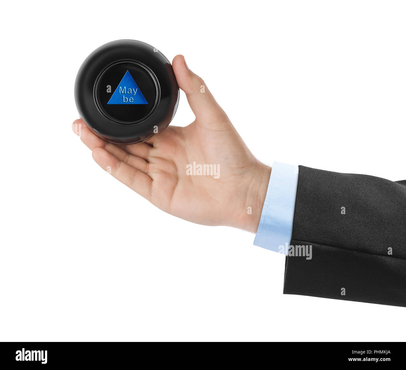 Magic ball with prediction Maybe in hand Stock Photo