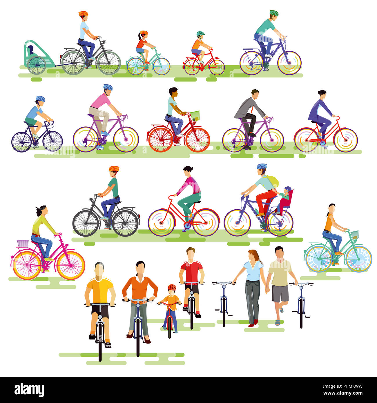 large group of cyclists, illustration Stock Photo