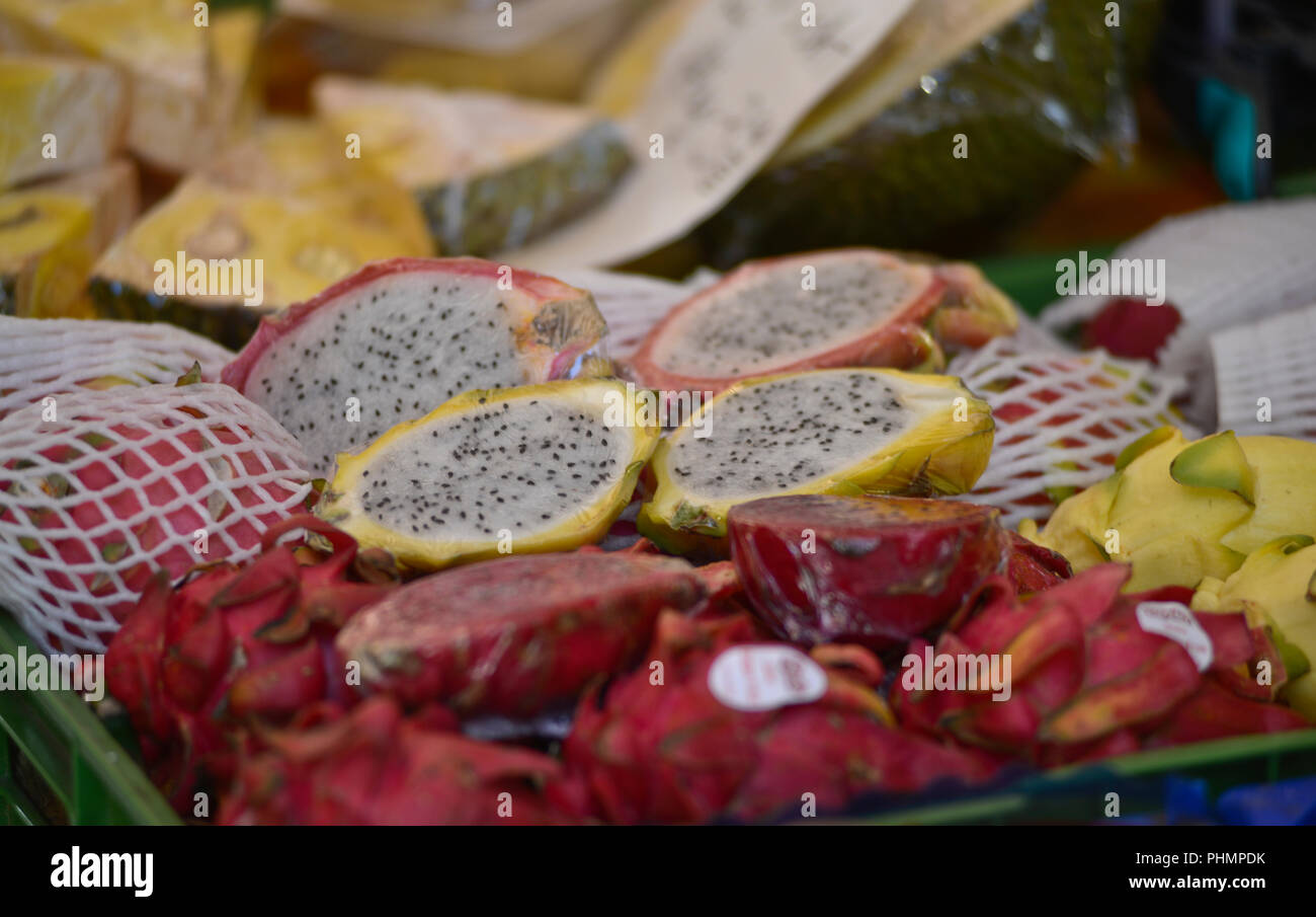 Dragonfruit (pitahaya), Naschmarkt market, Vienna (Austria) Stock Photo