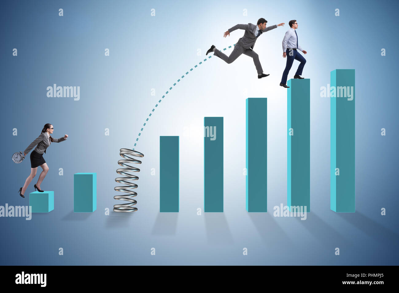 Business people jumping over bar charts Stock Photo - Alamy
