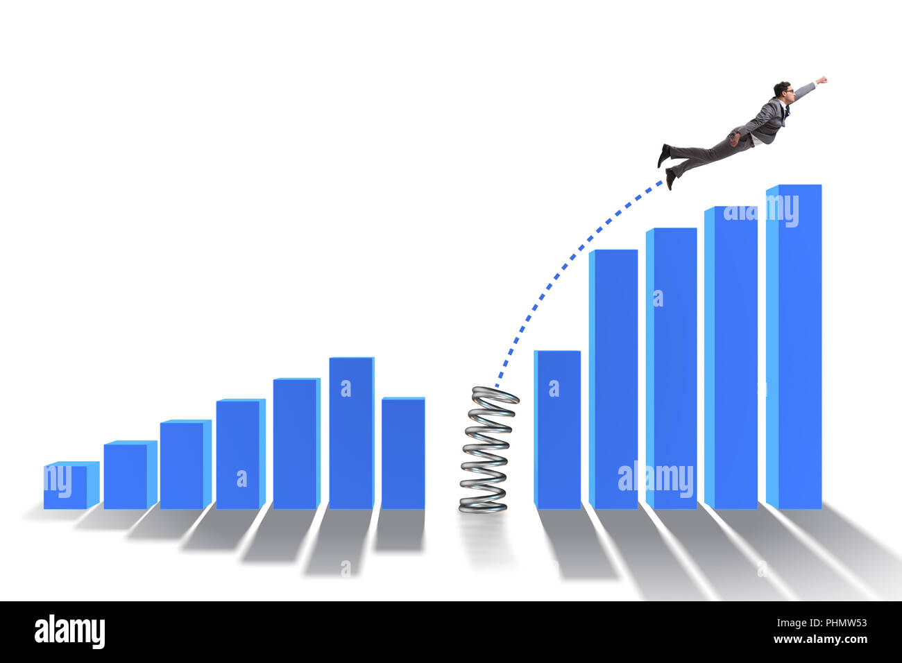 Business people jumping over bar charts Stock Photo Alamy