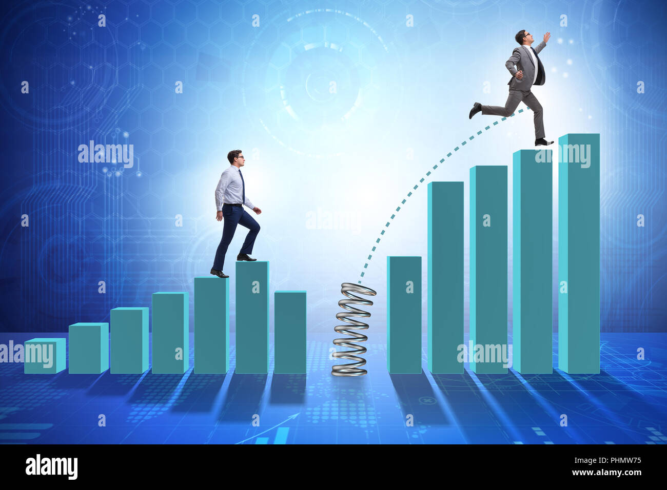 Business people jumping over bar charts Stock Photo Alamy