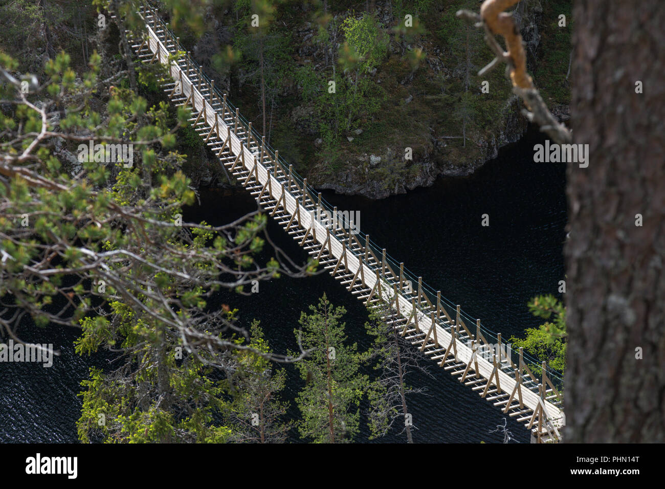 Suspension Bridge at Julma-Ölkky, Hossa Nationalpark, Finland Stock Photo