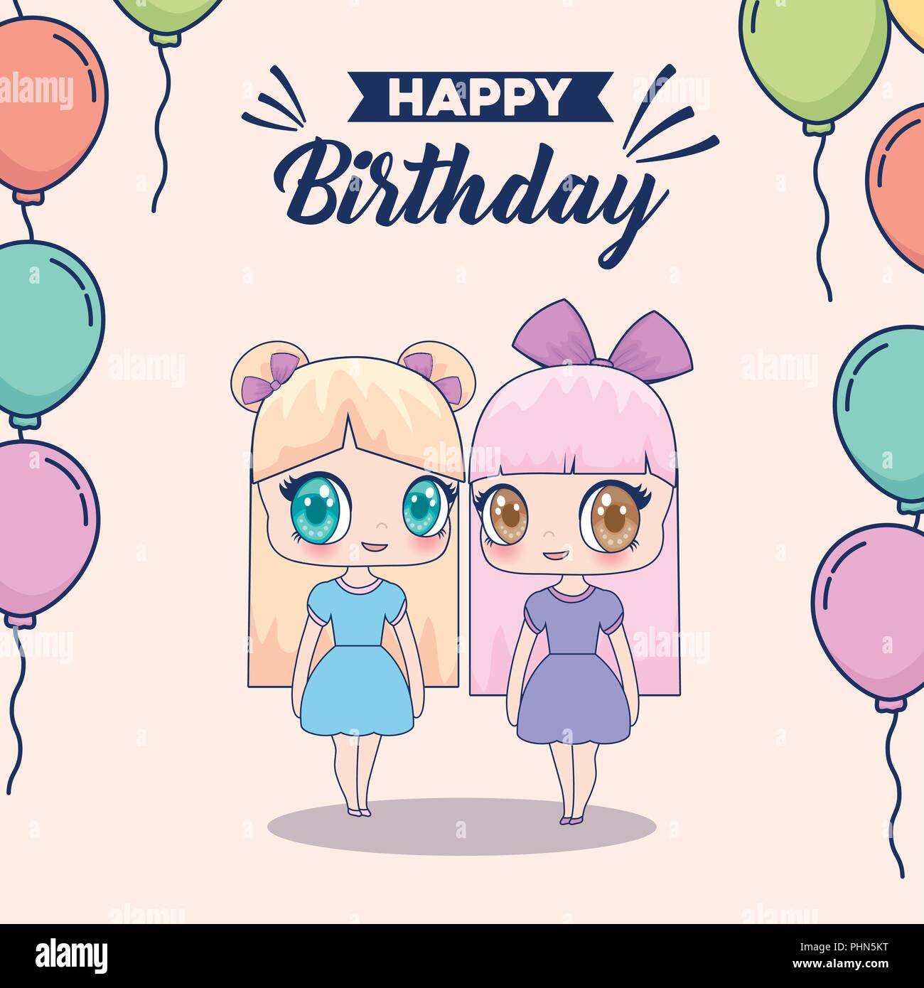 Happy birthday design with colorful balloons and kawaii anime girls icon  over background, vector illustration Stock Vector Image & Art - Alamy