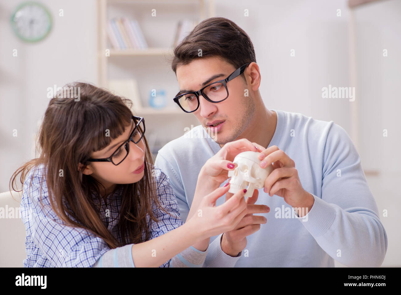 Two medical students studying in classroom Stock Photo Alamy