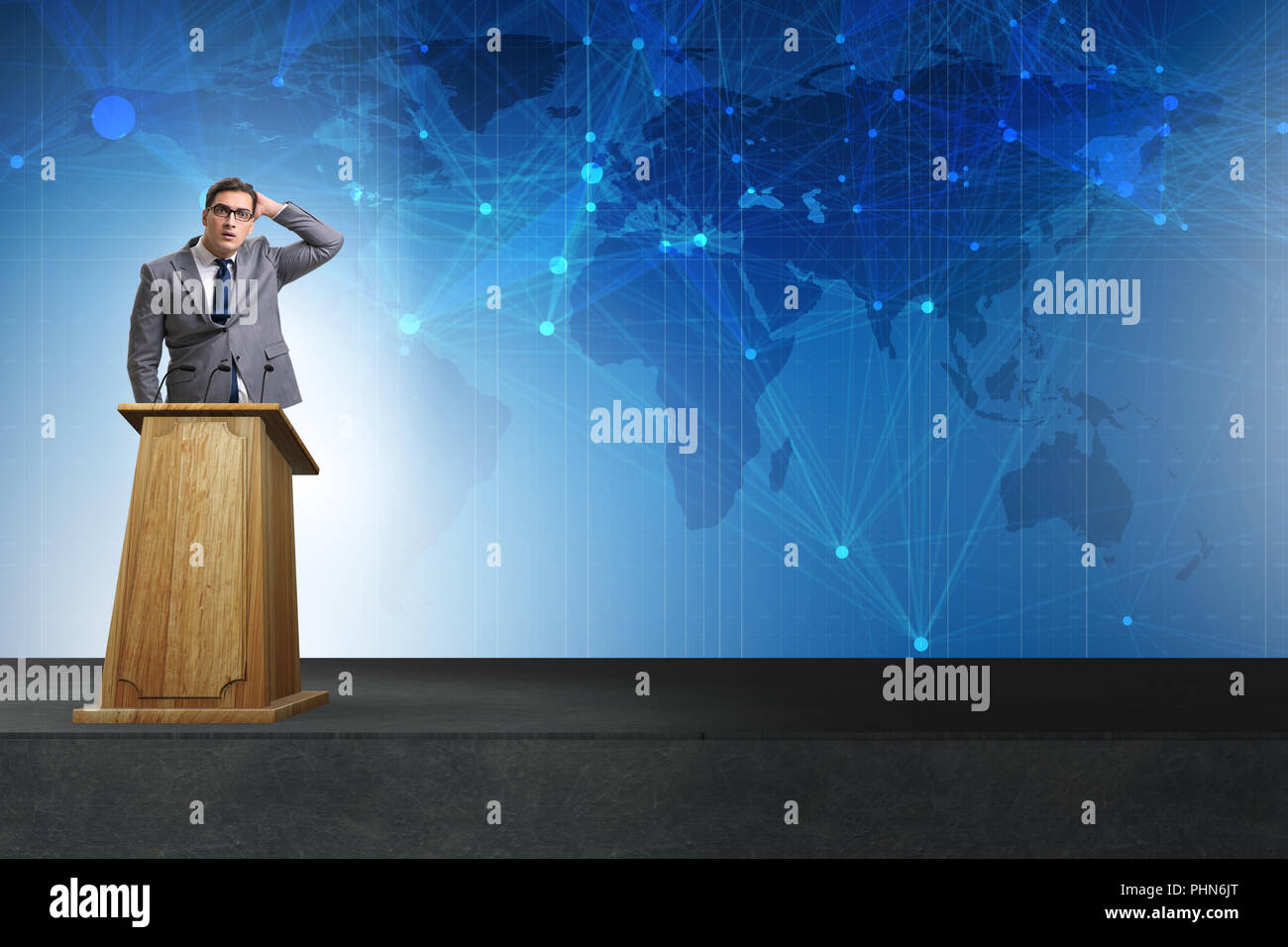 Man businessman making speech at rostrum in business concept Stock Photo