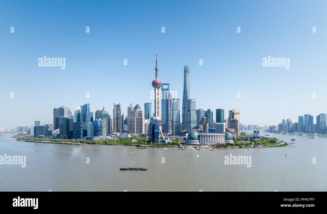 shanghai skyline against a blue sky Stock Photo