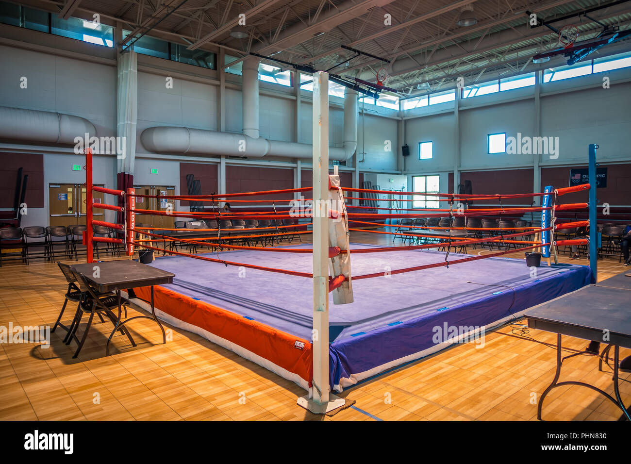 boxing ring arena in gym before action Stock Photo