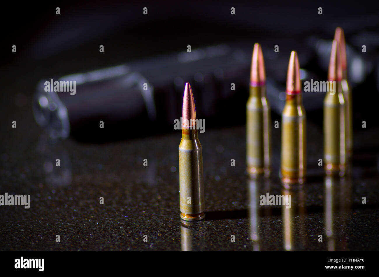 Ammunition cartridges on black background Stock Photo