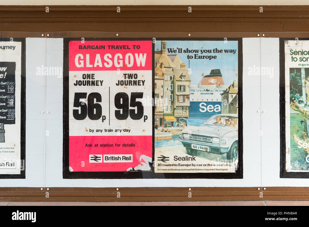 vintage tourism poster and vintage British Rail poster from the 1970s - Wemyss Bay Station, Scotland, UK Stock Photo