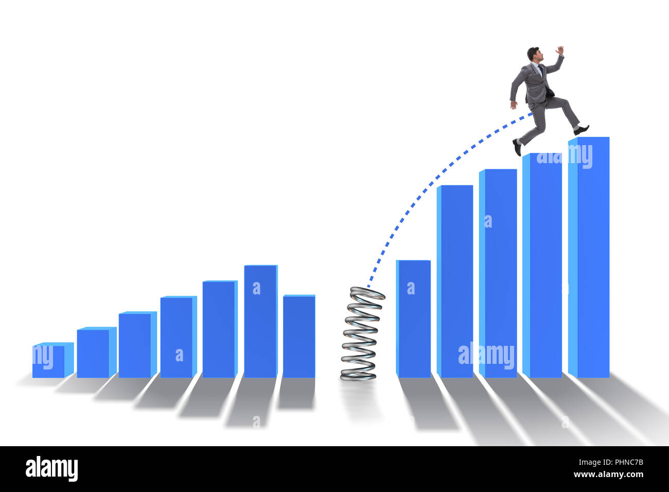 Business people jumping over bar charts Stock Photo - Alamy