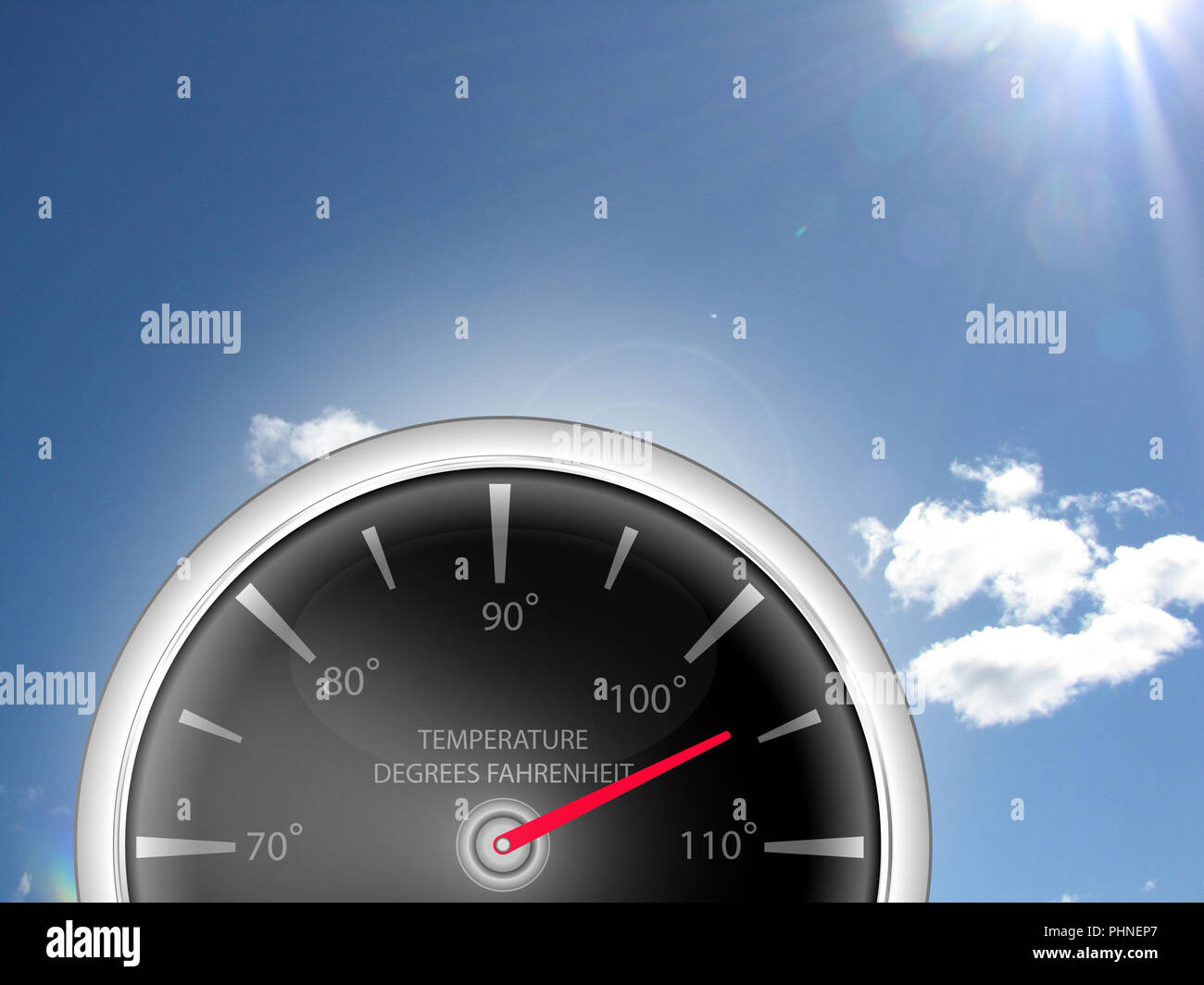 Temperature Gauge Thermometer showing Fahrenheit degrees for Heatwave weather Stock Photo