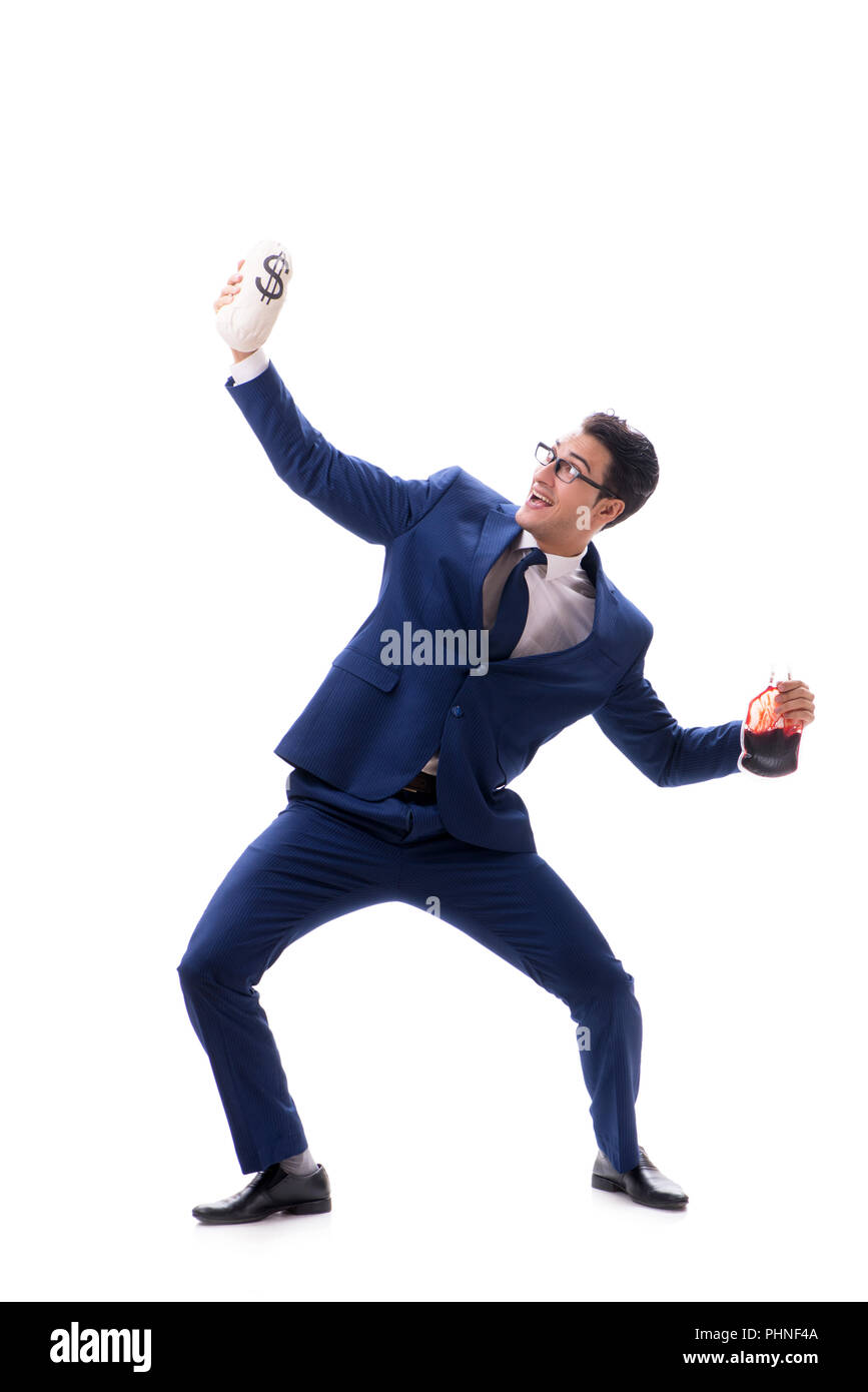 Businessman with blood bag isolated on white Stock Photo