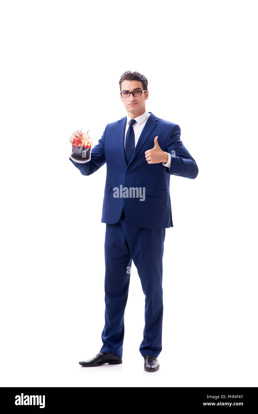 Businessman with blood bag isolated on white Stock Photo