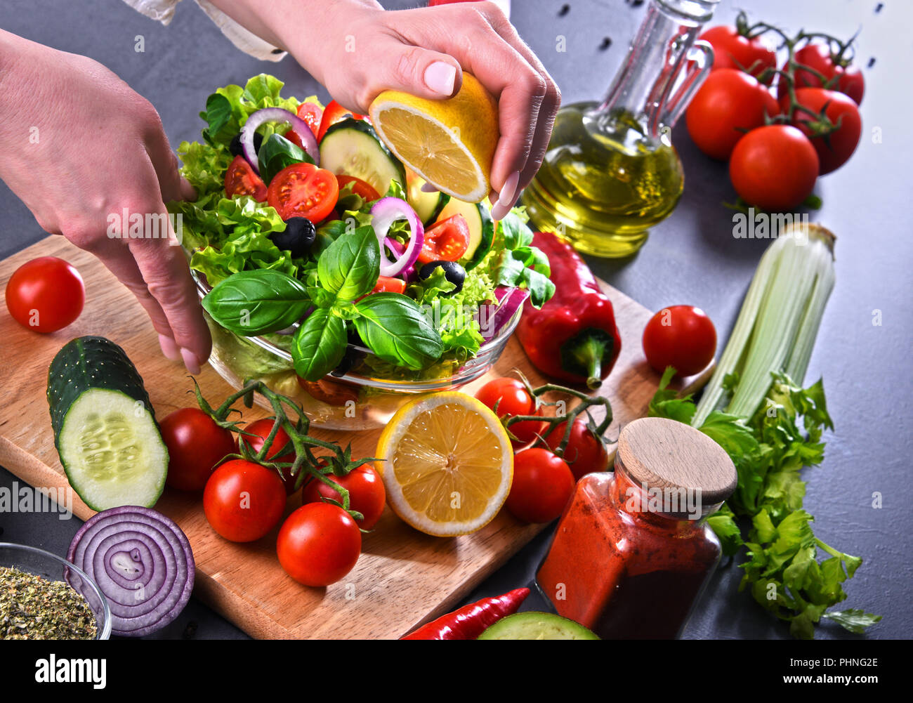 Preparation of a vegetable salad from fresh organic ingredients Stock
