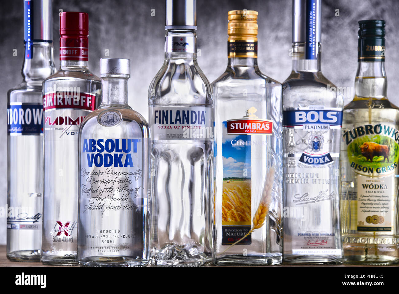 Bottles of several global brands of vodka Stock Photo