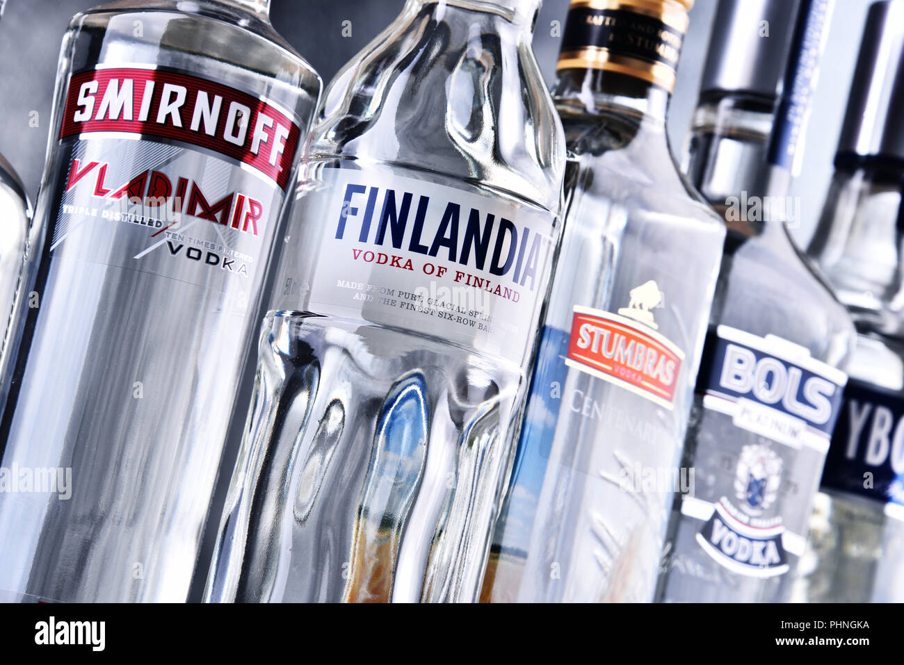Bottles of several global brands of vodka Stock Photo