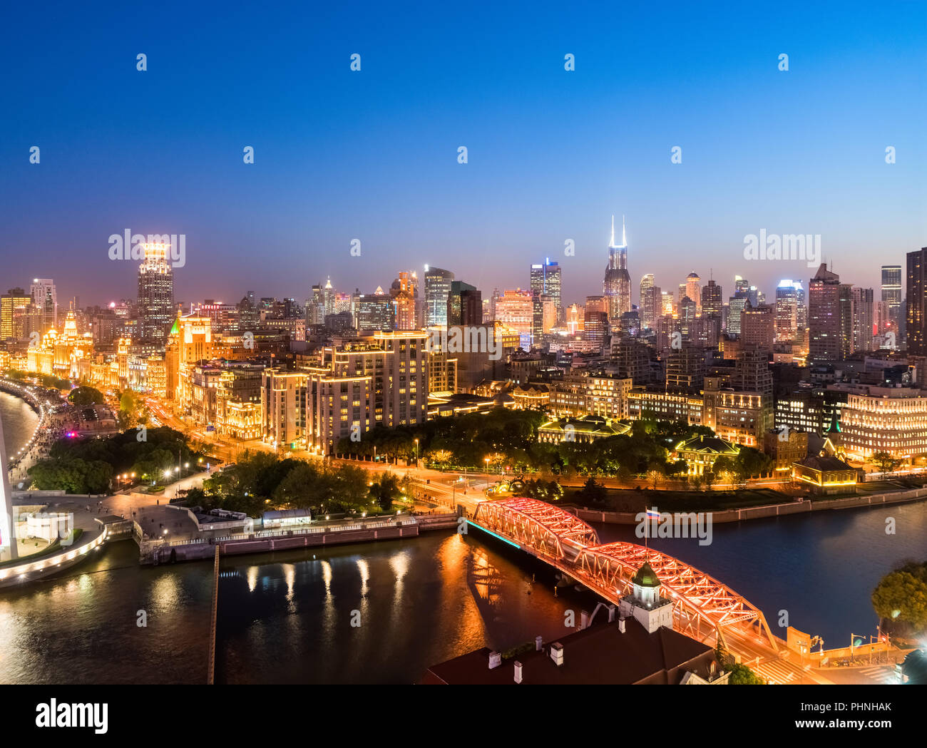 night scene of the bund and garden bridge Stock Photo