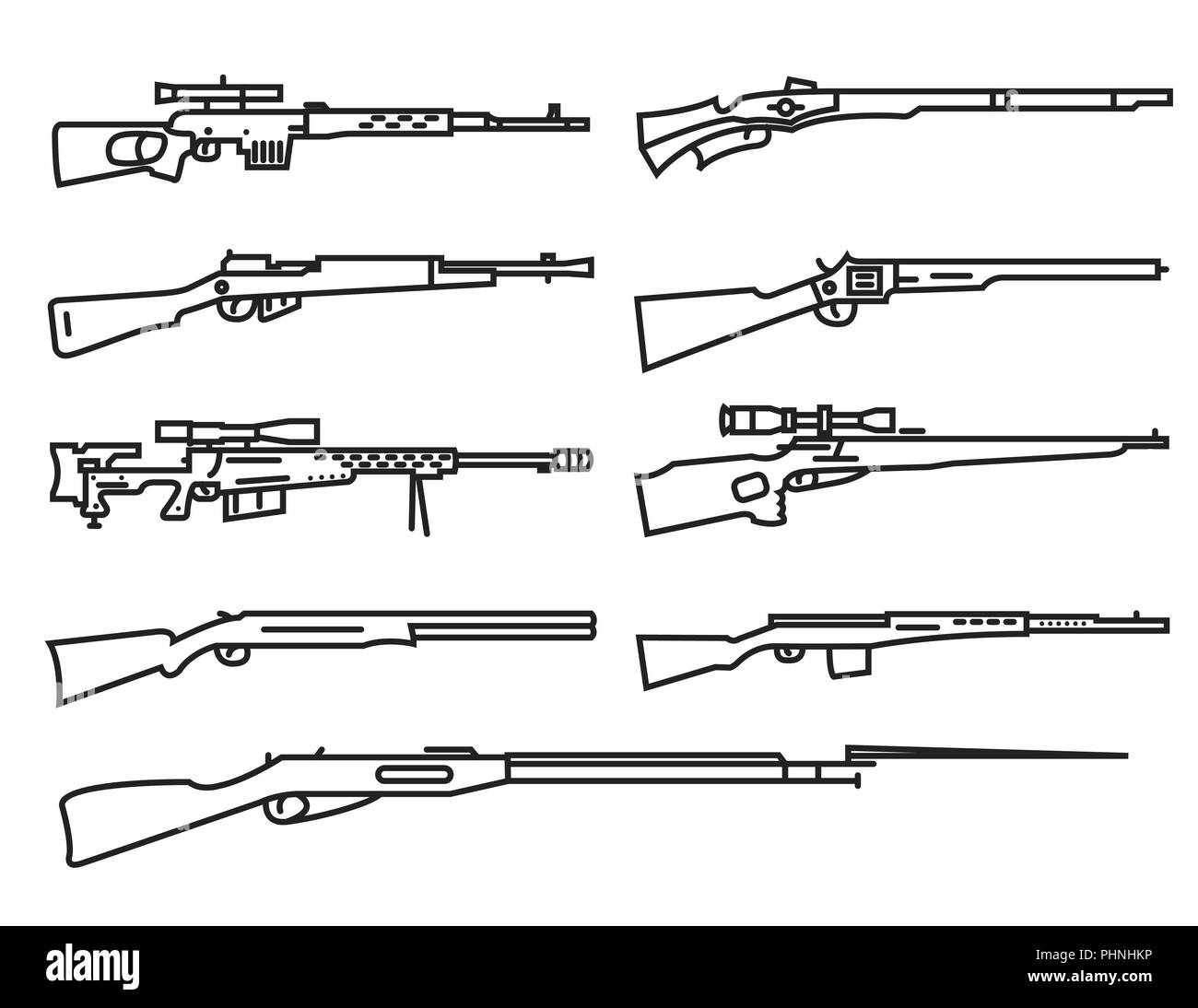 Firearm set. Gun, rifle, carbine. Flat design. Outline linear version. Vector illustration Stock Vector