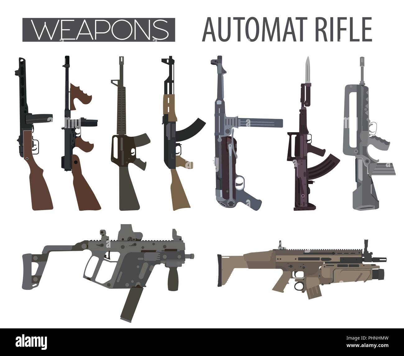 Firearm set. Automatic rifle, machine gun. Flat design. Vector illustration Stock Vector Image