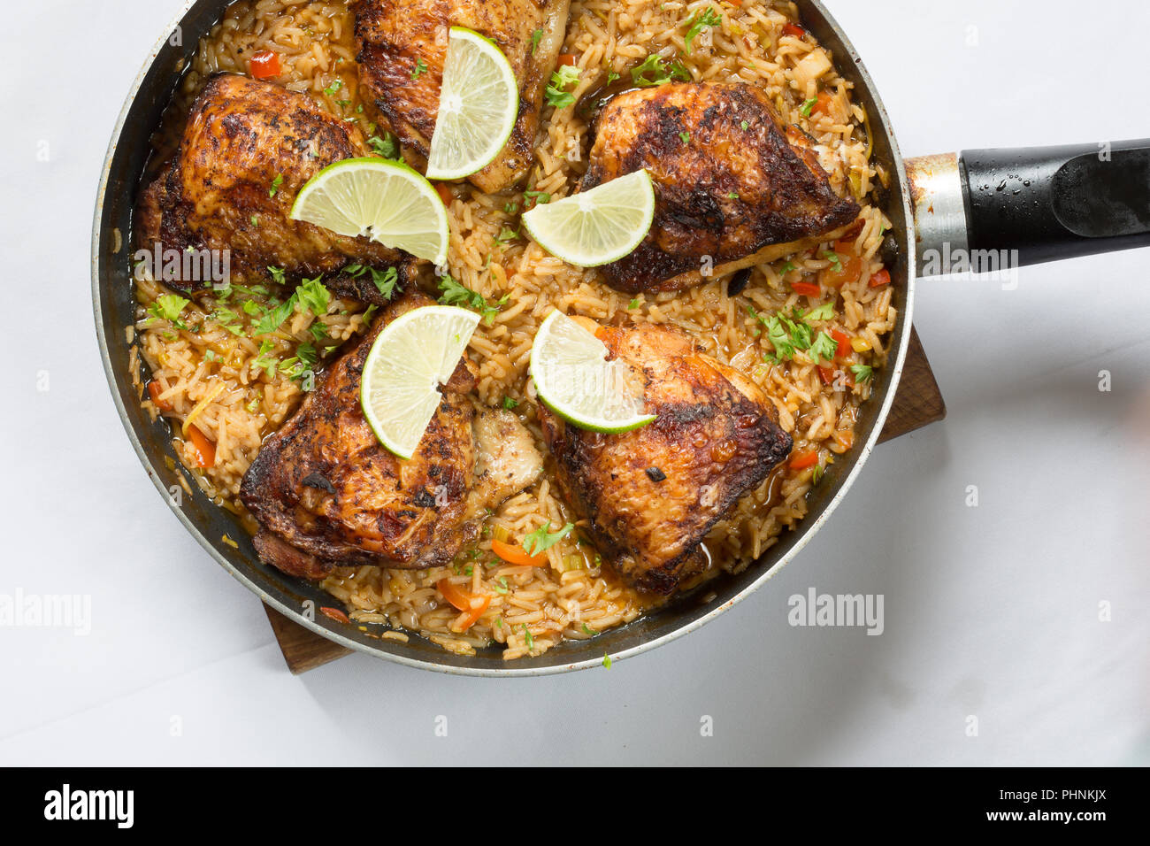 One pan dish of Mexican Chili lime Chicken and rice Stock Photo