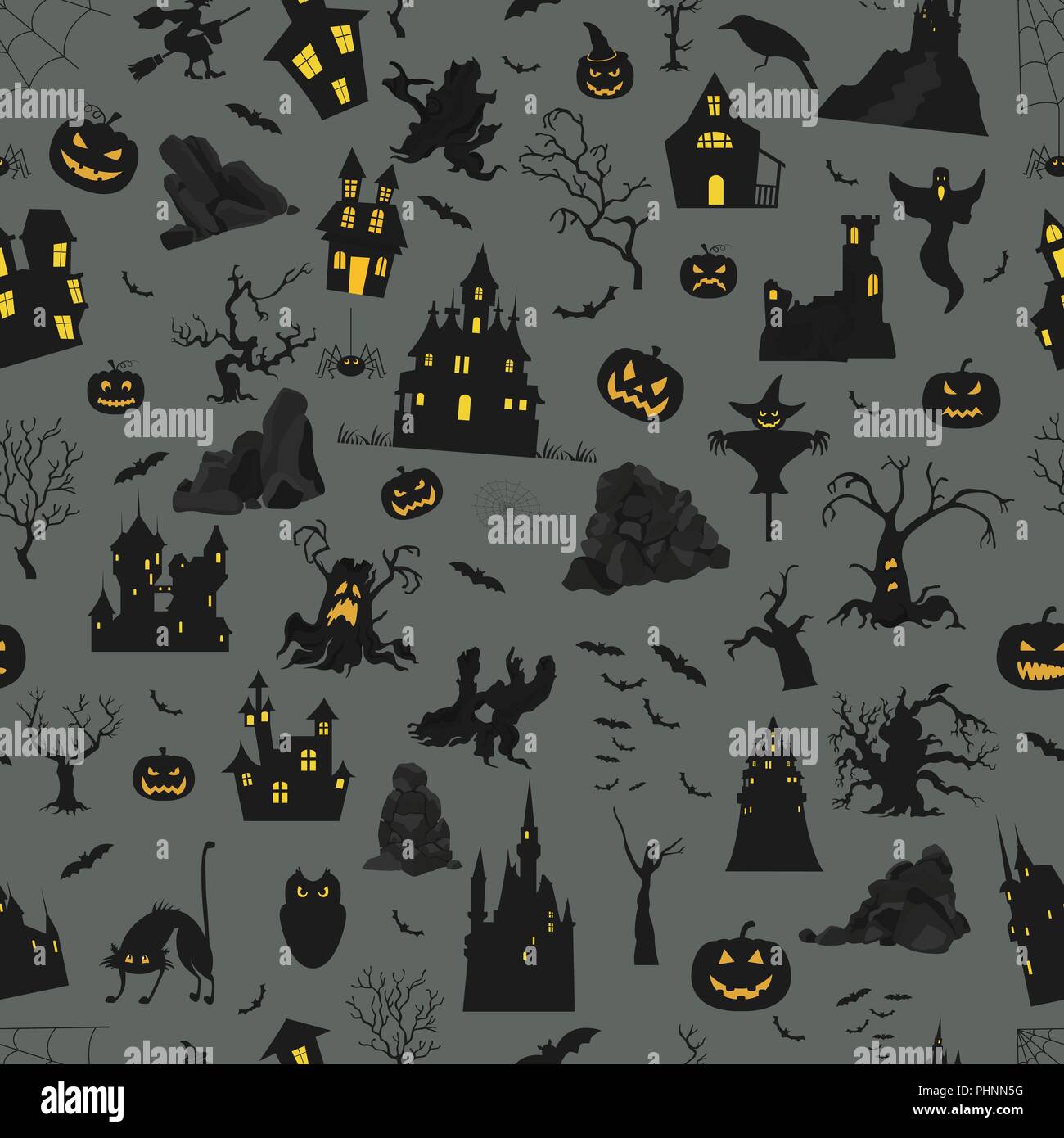 Halloween holiday seamless pattern. Flat design. Vector illustration Stock Vector