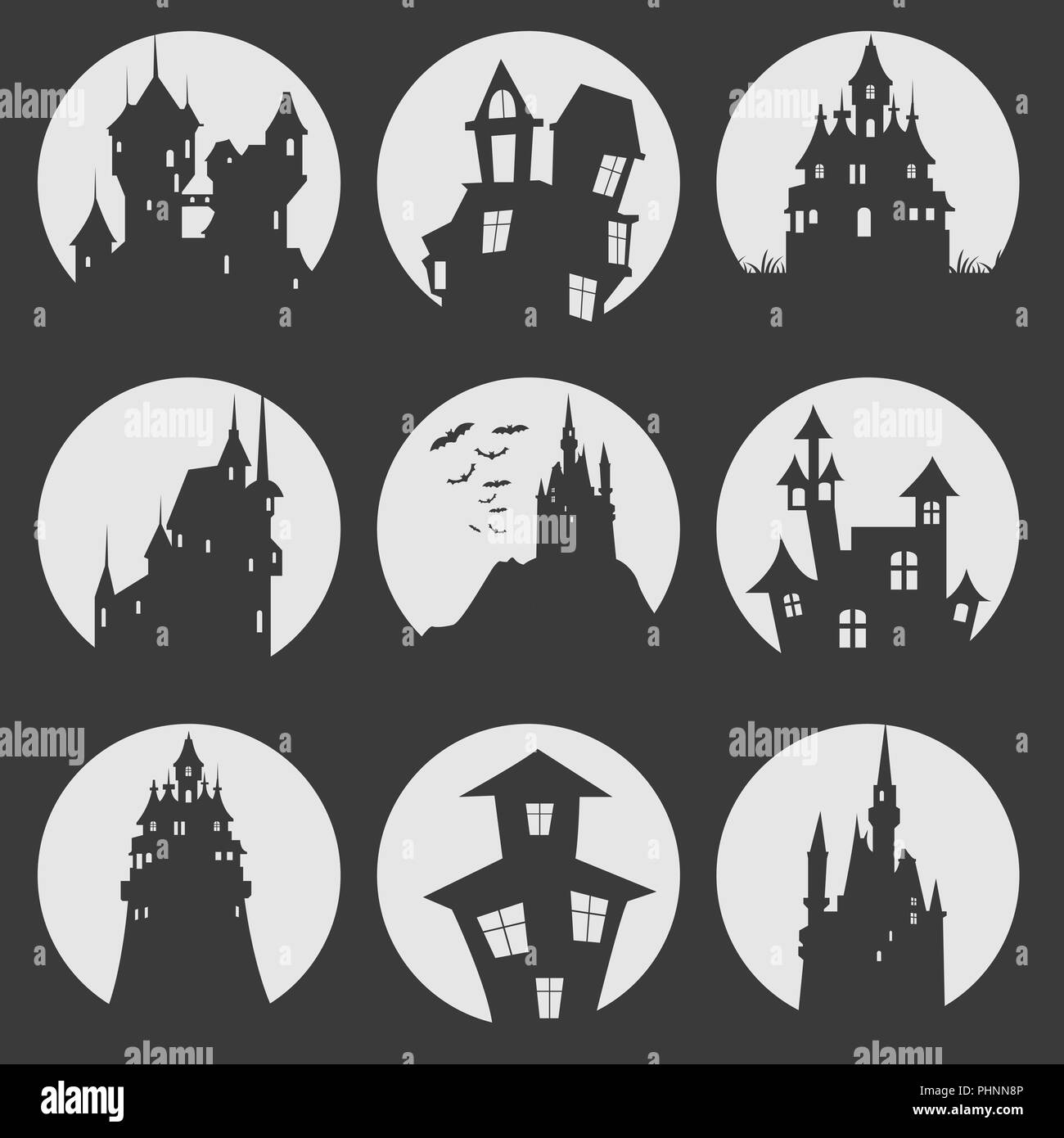 Misterious house in the dark night. Halloween holiday. Flat icons. Vector illustration Stock Vector