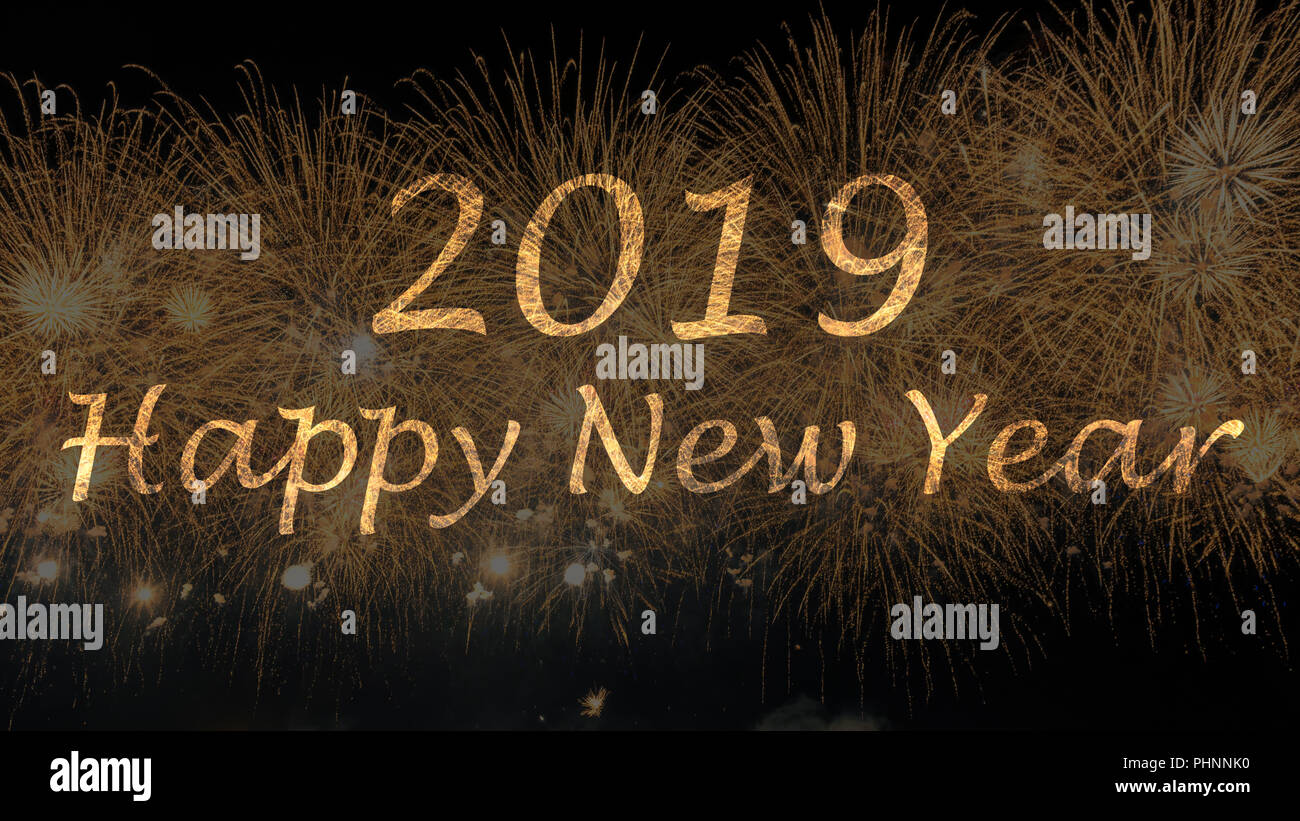New Year 2019 celebration colorful fireworks. New year and holidays concept. Stock Photo