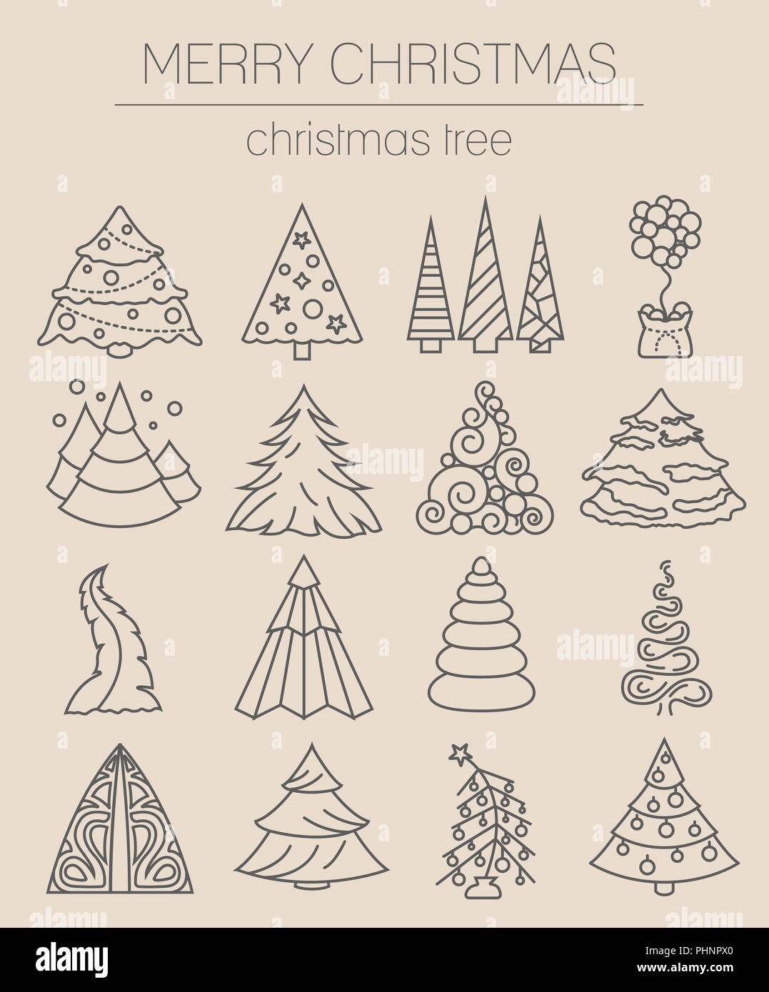 Christmas tree icon set. Flat isolated thin line design. New year ...
