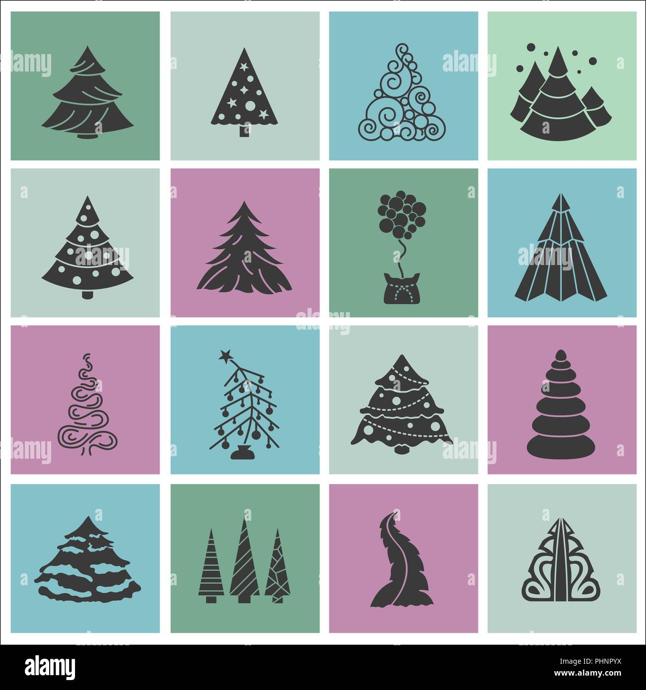 Christmas tree icon set. Flat monochrome isolated design. New year ...