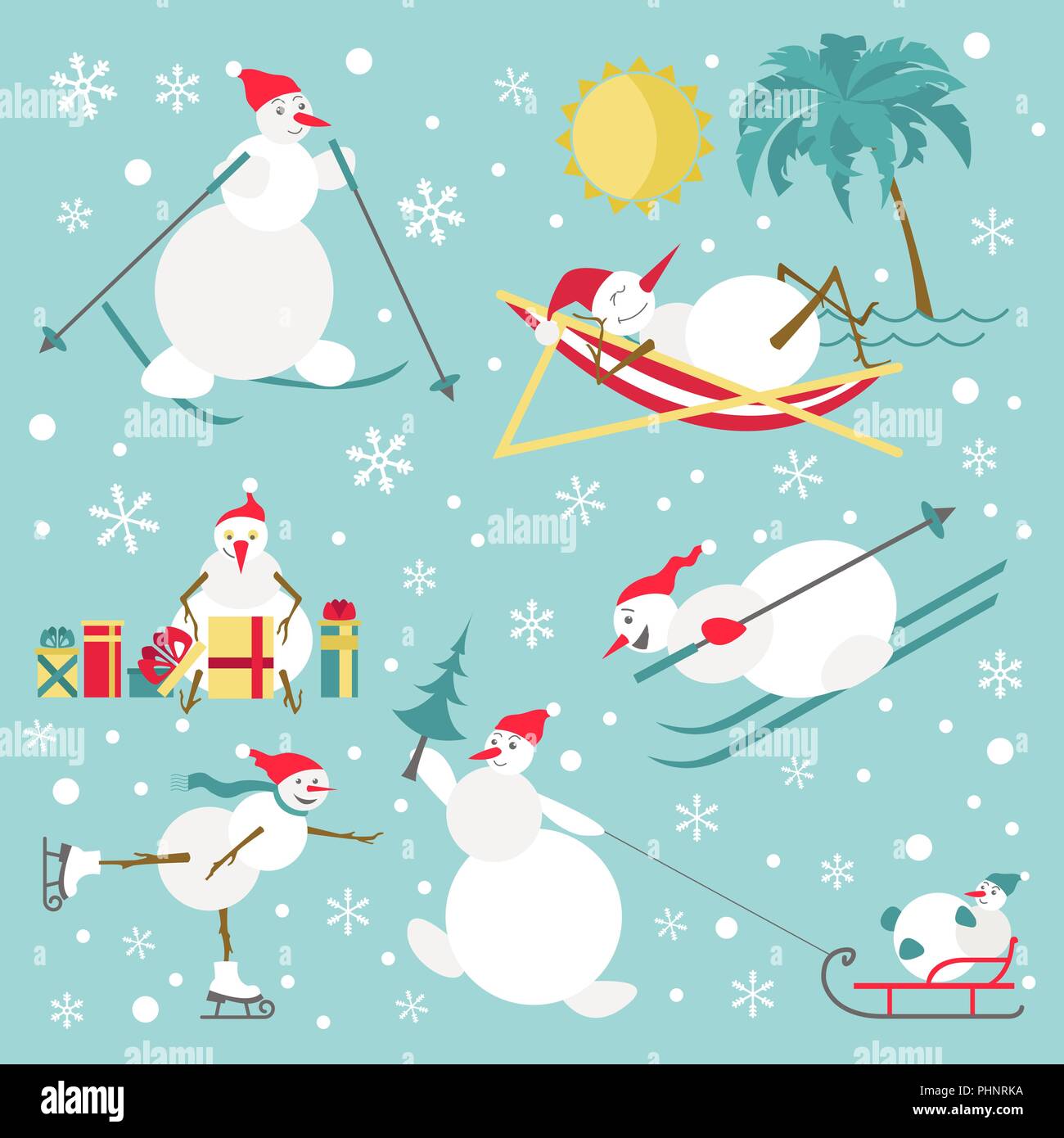 Snowman characters icon set. Flat design. Vector illustration Stock Vector