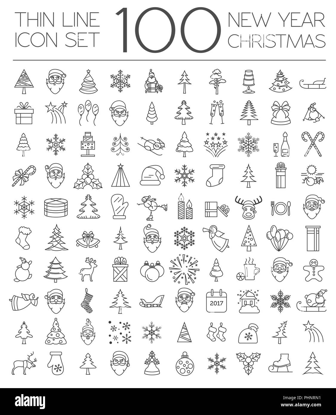 Christmas, New Year holidays icon big set. Thin line version. Flat style collection. Vector illustration Stock Vector