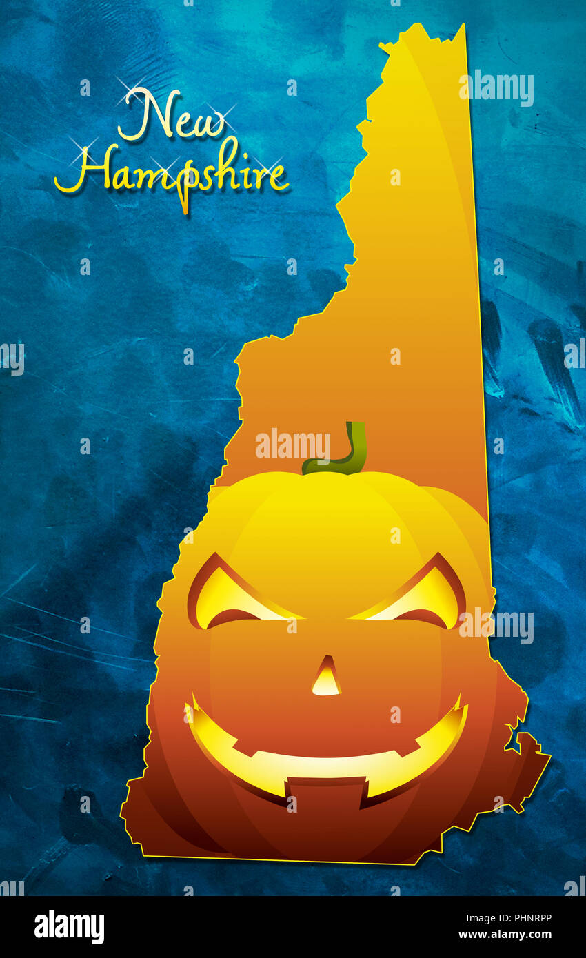 New Hampshire state map USA with halloween pumpkin face illustration