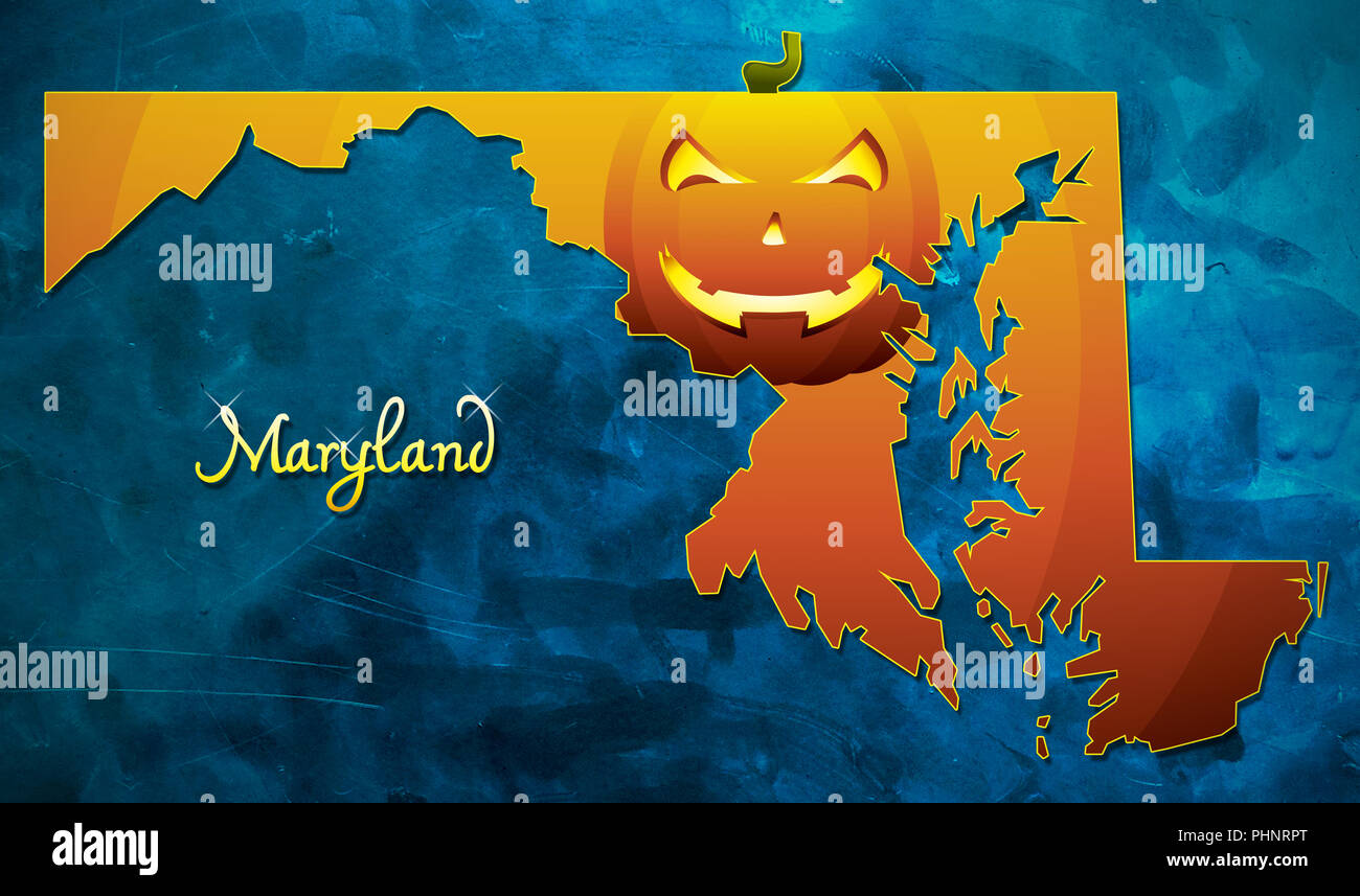 Maryland state map USA with halloween pumpkin face illustration Stock Photo