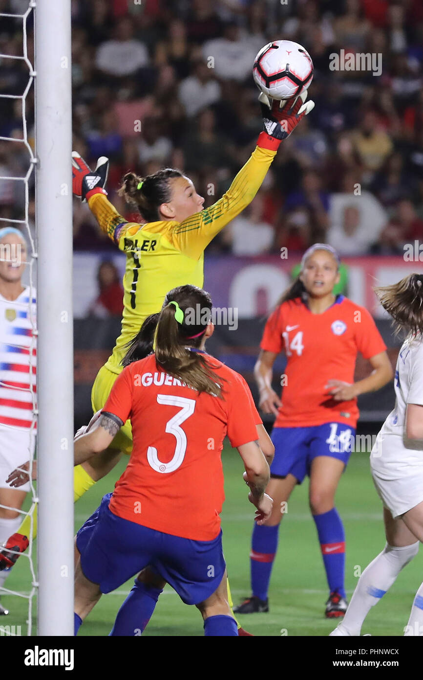 August 31, 2018: Chile goalkeeper Alyssa Naeher (1) can't quite make the save as USA scores a goal early in the first half during the game between Chile and USA on August 31, 2018, at the StubHub Center in Carson, CA. USA. (Photo by Peter Joneleit) Stock Photo