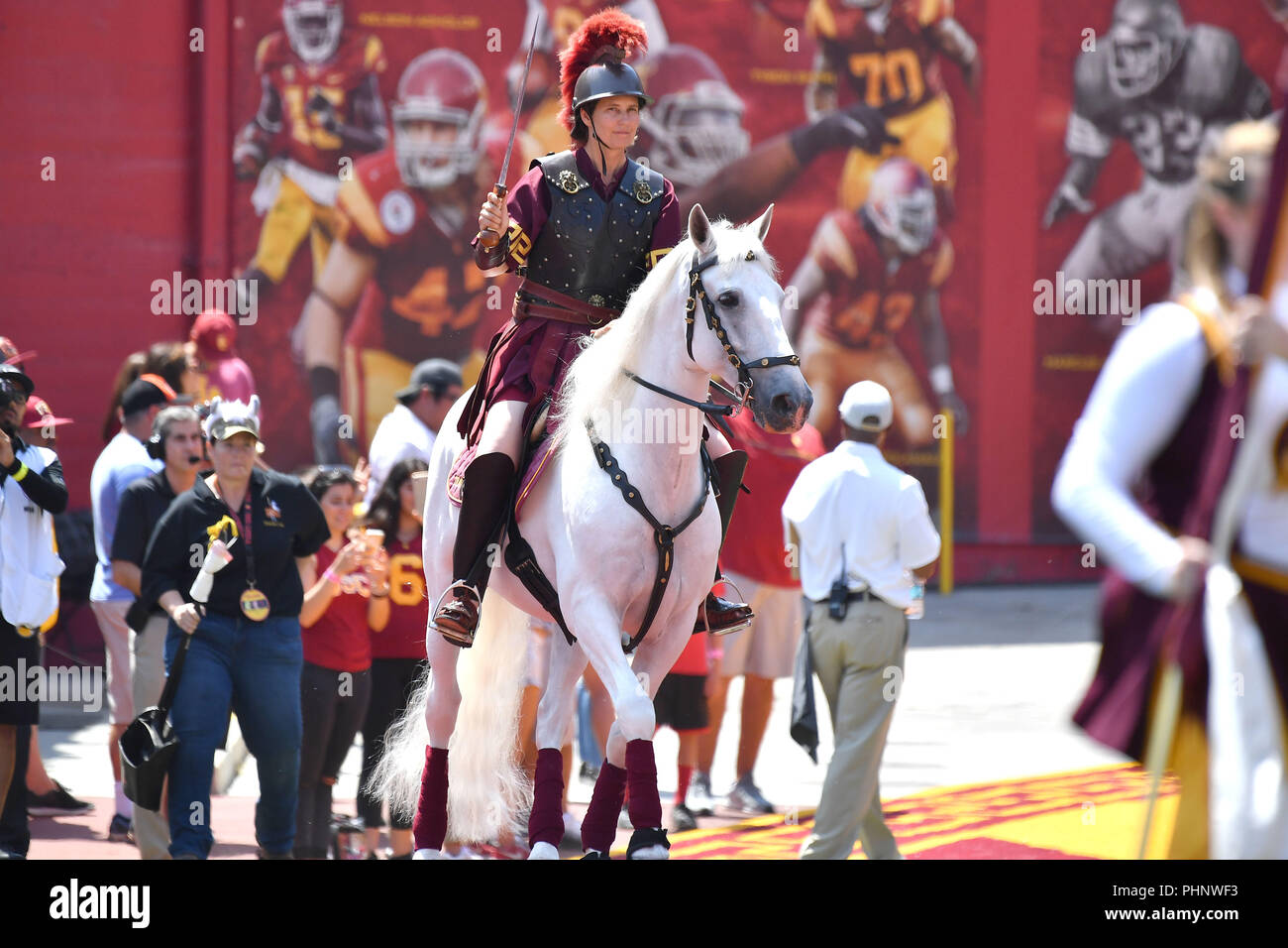 Los Angeles, CA, USA. 1st Sep, 2018. Tommy Trojan and Traveller take the field before the first half of the NCAA Football game between the USC Trojans and the UNLV Rebels at the Coliseum in Los Angeles, California.Mandatory Photo Credit : Louis Lopez/CSM/Alamy Live News Stock Photo