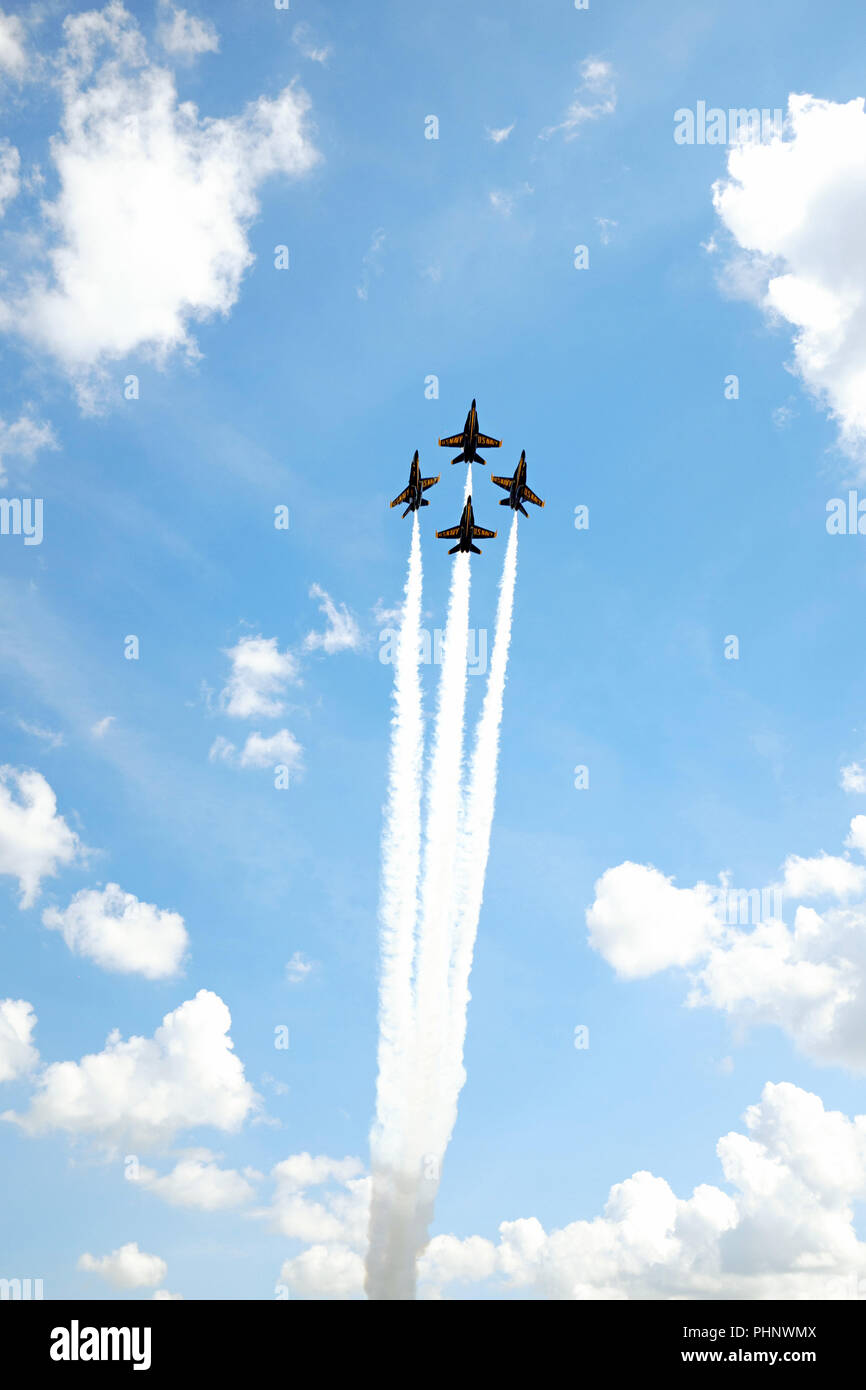Cleveland, Ohio, USA, 1st Sept, 2018.  The U.S. Navy Blue Angels show off a formation at the 54th Annual Cleveland National Air Show, one of the premier air shows in the United States.  Founded in 1946, the Blue Angels flight demonstration squadron is the second oldest flying acrobatic team in the world.  Here they are flying over Burke Lakefront Airport for the US Labor Holiday weekend air show.  Credit: Mark Kanning/Alamy Live News. Stock Photo