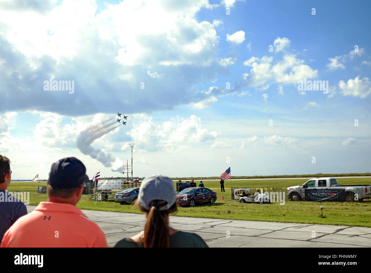 Cleveland, Ohio, USA, 1st Sept, 2018. Spectators watch the U.S. Navy Blue Angels perform in the sky during the 54th Annual Cleveland National Air Show held over the US Labor Day holiday weekend.  The performance is held on the Cleveland, Ohio lakefront at Burke Lakefront Airport.  Credit: Mark Kanning/Alamy Live News. Stock Photo