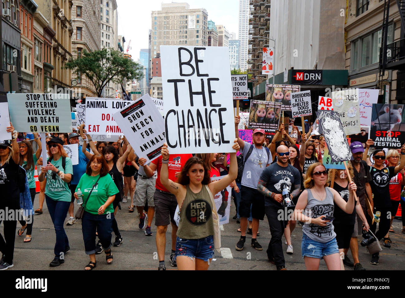 New York, NY, USA. 1st September, 2018. A person holds a 'Be The Change' sign during the Official Animal Rights March NYC. Stock Photo