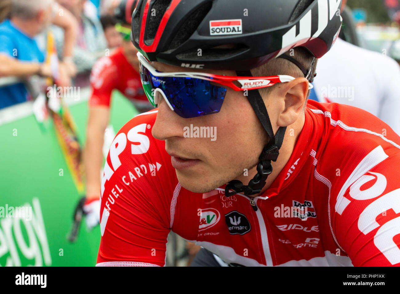 Professional cyclist Jens Keukeleire (Belgium) of the LOTTO SOUDAL team ahead of Stage 1 of the Tour of Britain cycling race starting at Pembrey Country Park. Credit: Gruffydd Thomas/Alamy Live News Stock Photo