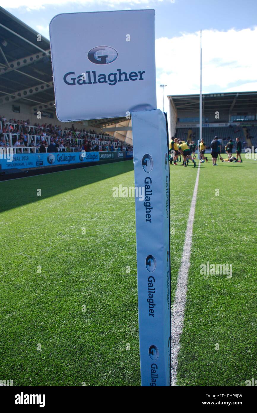 Newcastle upon Tyne, UK, 2 September 2018. A Gallagher Premiership Rugby branded corner flag at Kingston Park. Credit: Colin Edwards/Alamy Live News. Stock Photo
