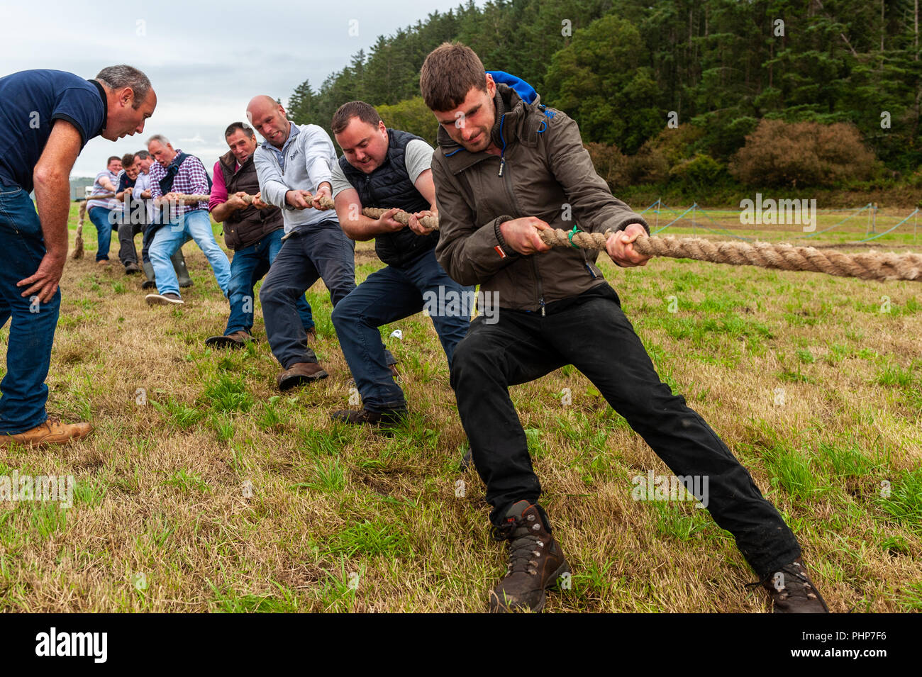 Bantry, West Cork, Ireland. 2nd Sept, 2018. Bantry Agricultural Show is taking place at the Bantry Airstrip today in appalling weather. One of the last events of the show was the hotly contested Tug-O-War. Credit: Andy Gibson/Alamy Live News Stock Photo