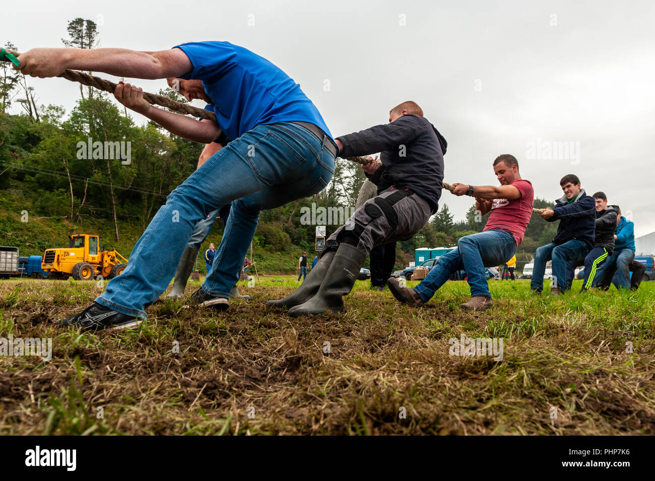 Bantry, West Cork, Ireland. 2nd Sept, 2018. Bantry Agricultural Show is taking place at the Bantry Airstrip today in appalling weather. One of the last events of the show was the hotly contested Tug-O-War. Credit: Andy Gibson/Alamy Live News Stock Photo