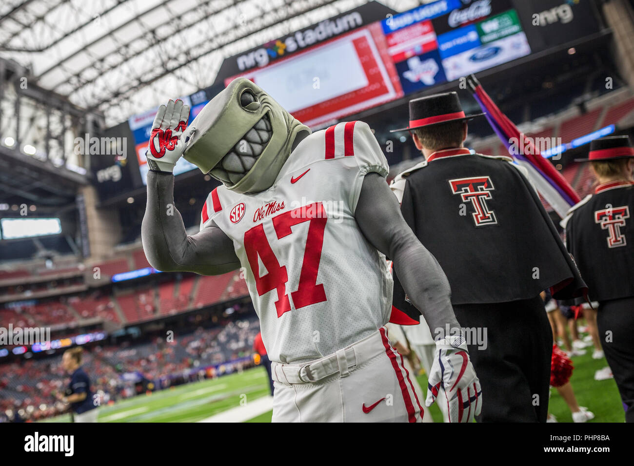 Houston, Texas, USA. 1st Sep, 2018. The Ole Miss Rebels mascot ''Landshark Tony'' makes a shark fin gesture during the NCAA football game between the Texas Tech Red Raiders and the Ole Miss Rebels in the 2018 AdvoCare Texas Kickoff at NRG Stadium in Houston, Texas. Prentice C. James/CSM/Alamy Live News Stock Photo