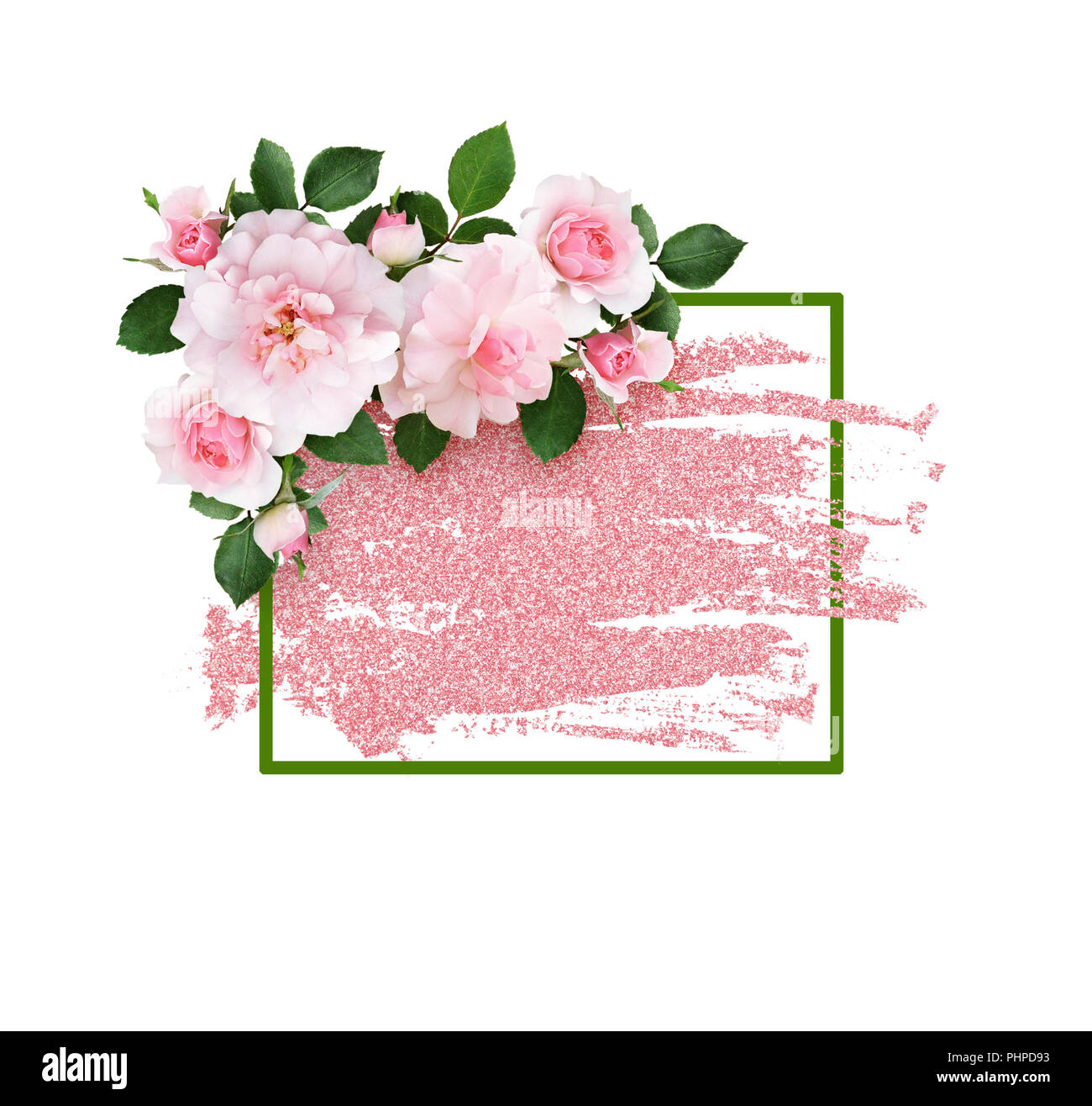 Pink rose flowers and a green frame on glitter brushstroke isolated on white background. Stock Photo