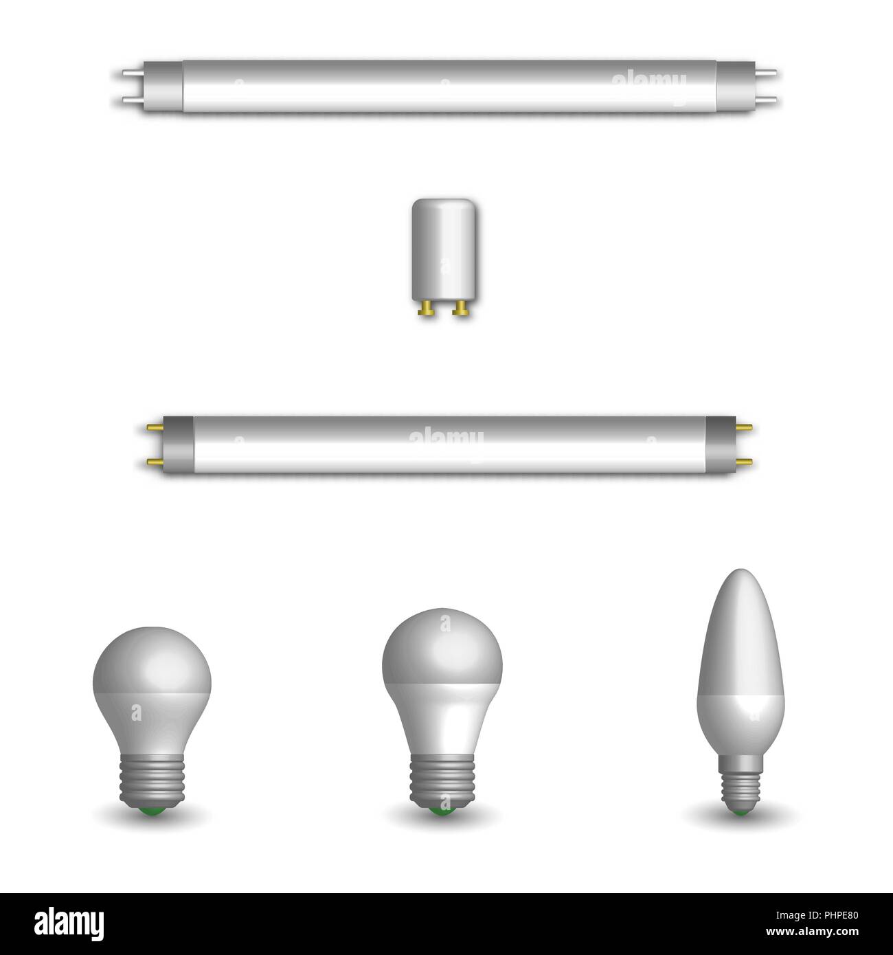 Set of various photorealistic lightemitting diode and fluorescent light bulbs. Elements for the
