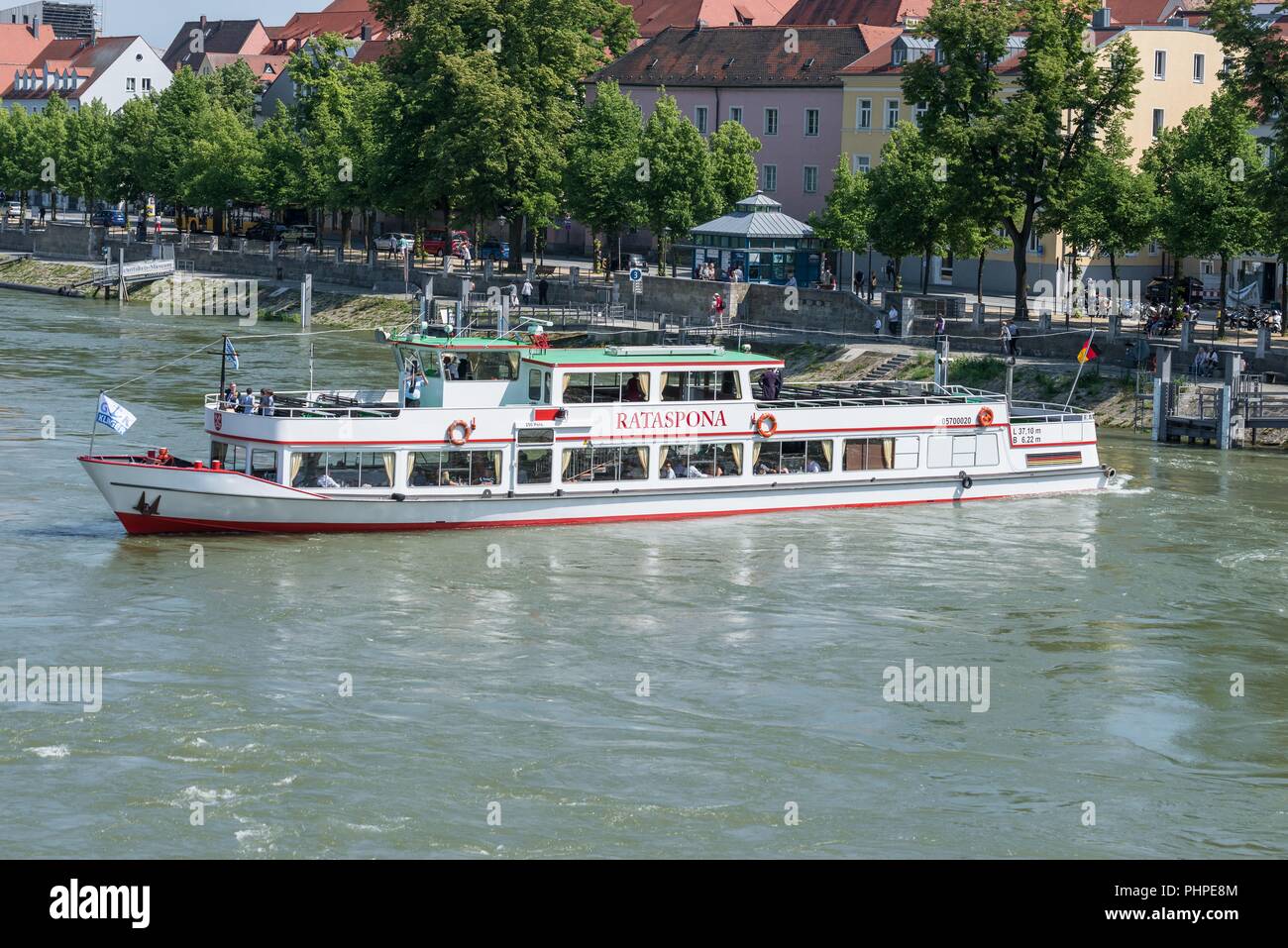 Regensburg, Germany, Mai 18, 2018, Danube tour in Regensburg by ship Rataspona Stock Photo