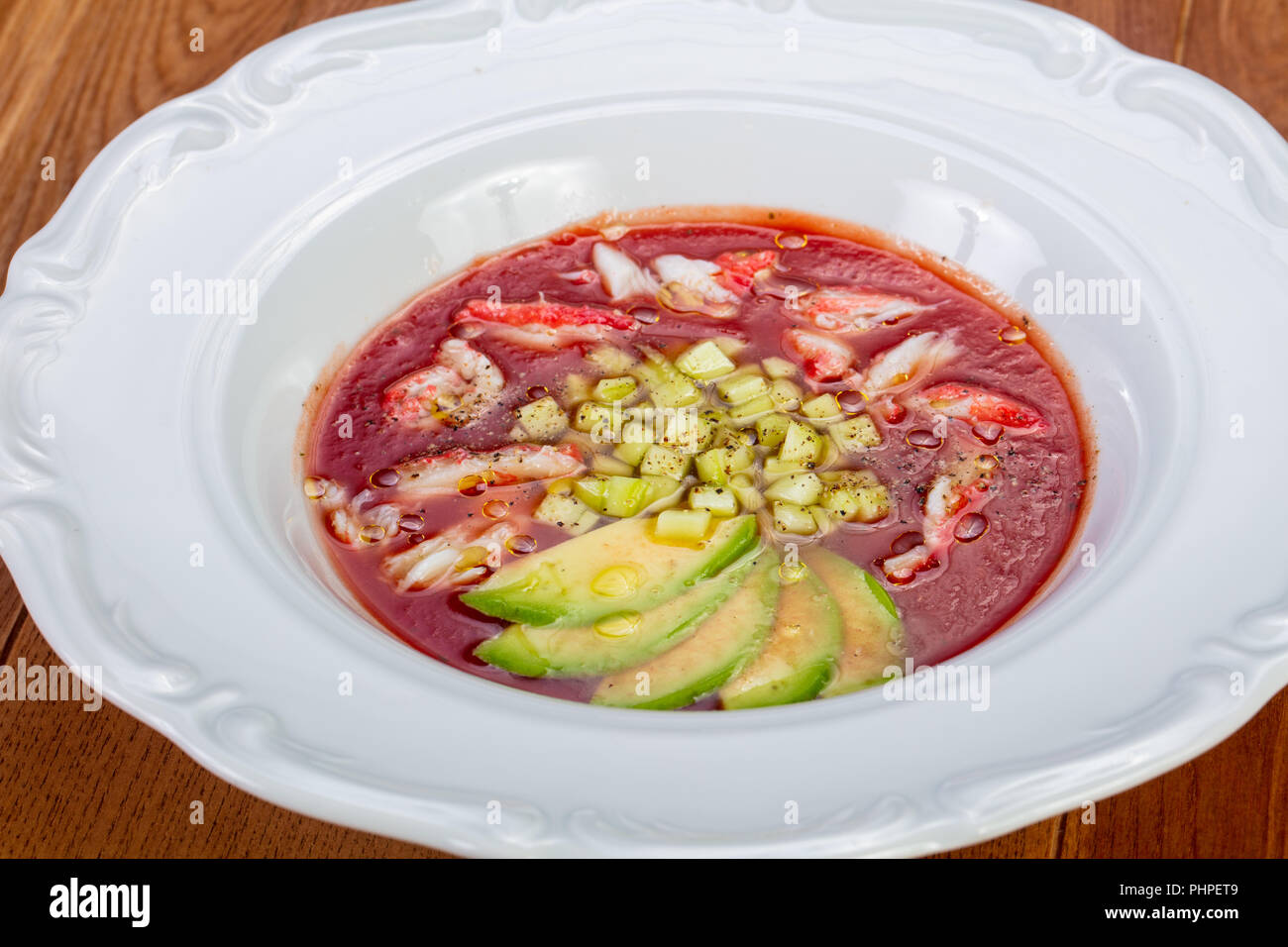Gazpacho soup with crab and avocado Stock Photo Alamy