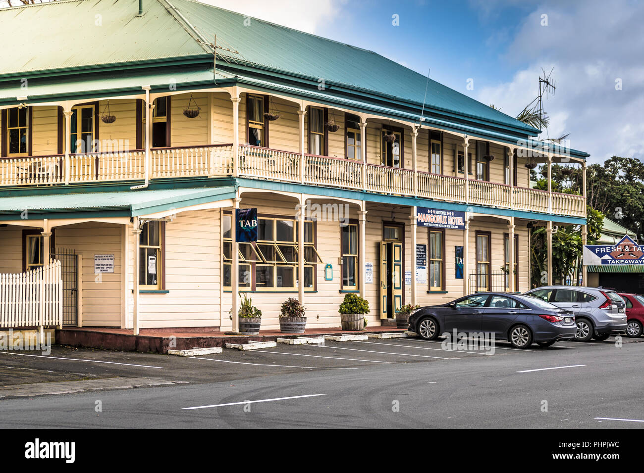 Mangonui, New Zealand - SEP 2 , 2018 : Hotel Mangonui historical building. It has been described as New Zealands most beautiful hotel and was built by a Mr John Bray in 1905 Stock Photo