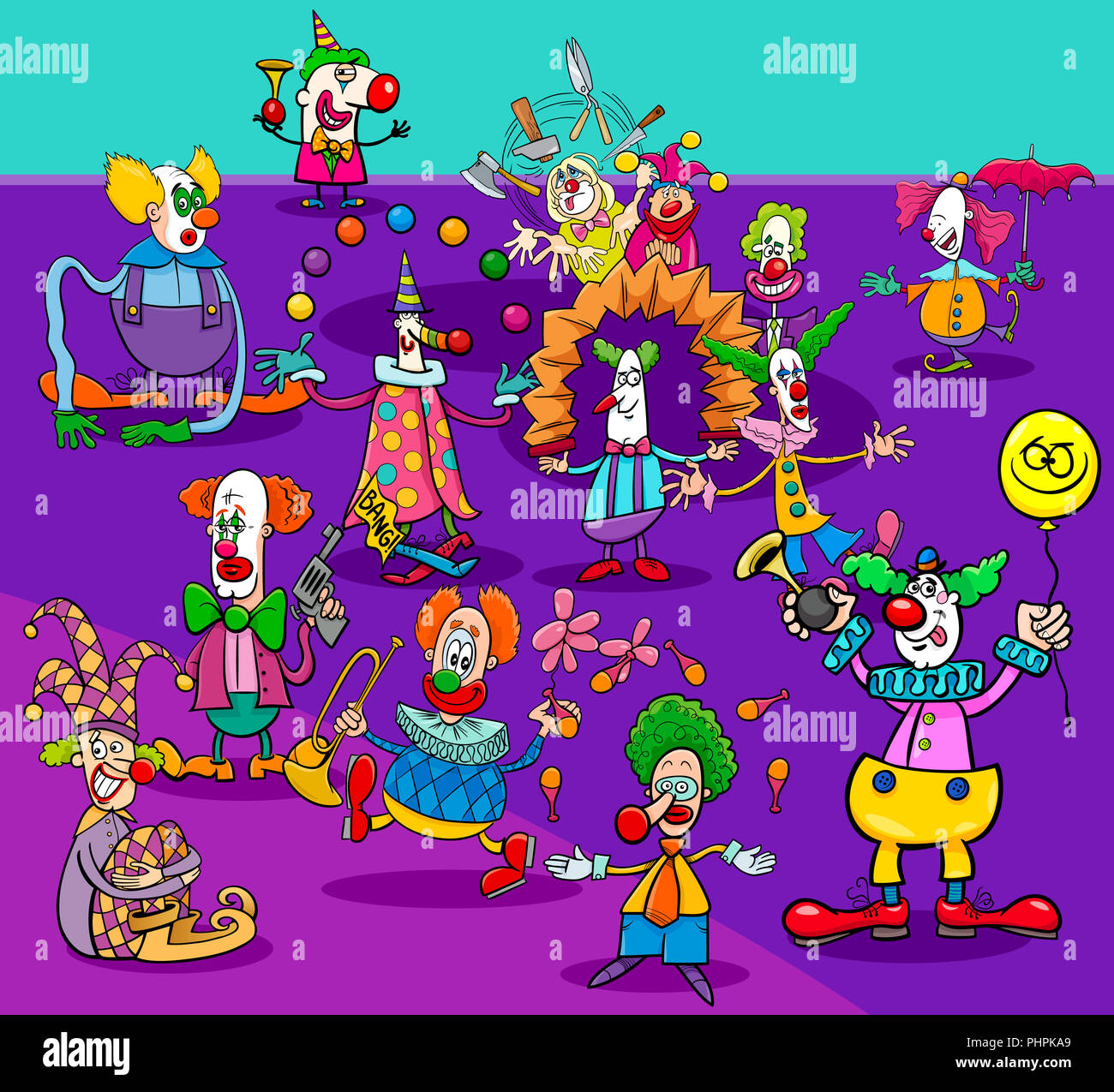 funny circus clowns cartoon characters group Stock Photo